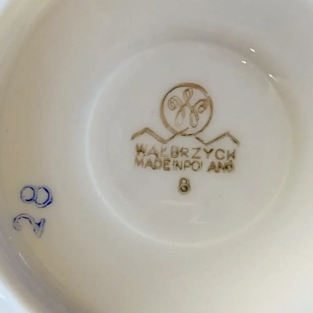 Vintage Walbrzych Poland Demitasse Espresso Set Blue Gold Porcelain 10 Pc RARE